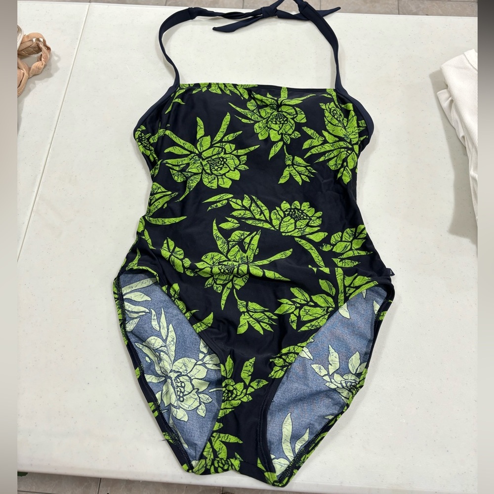 NWT Nautica Black One-Piece Swimsuit with Lime Green Floral Print